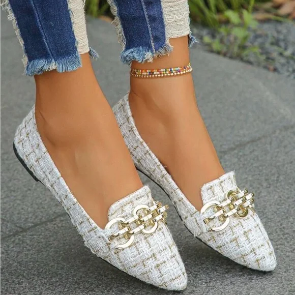 Spring And Autumn New Arrival Women Beige And Gold Plaid Pointed Toe Flat Shoes - Picture 3 of 4